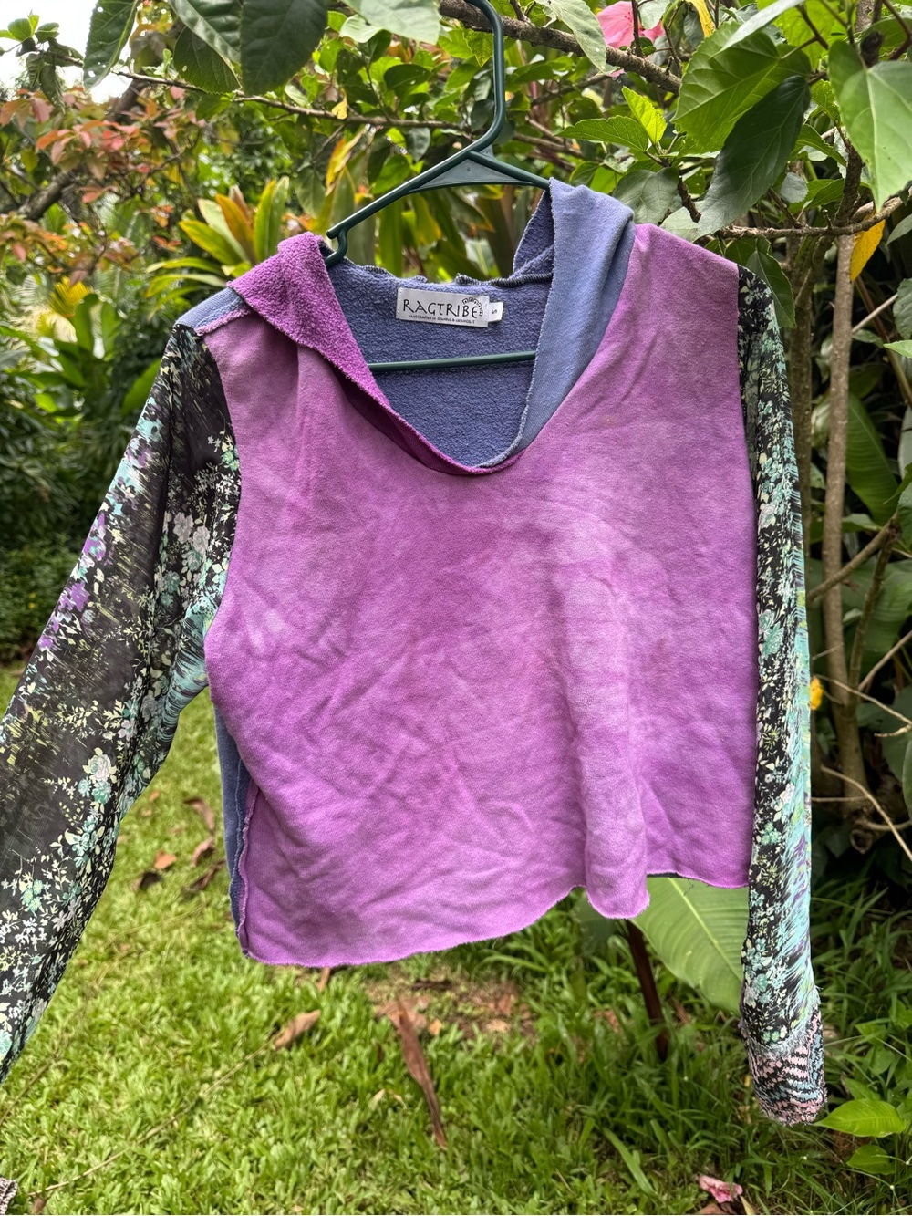 Purple Hooded Pullover with Floral Print Sleeves